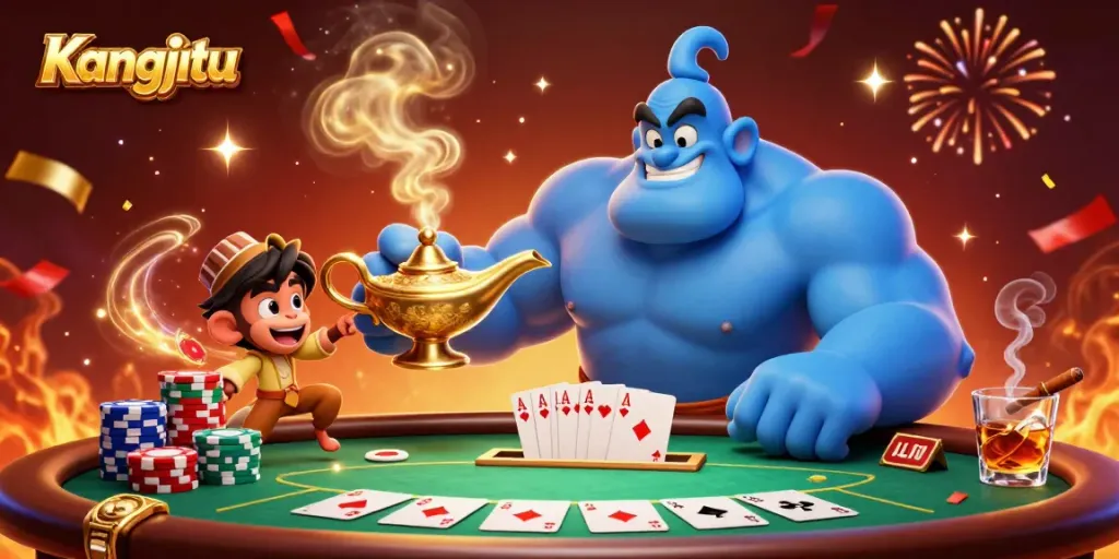 Kangjitu menghadirkan pesona permainan poker dengan jin ajaib dan koin warna-warni yang melayang.