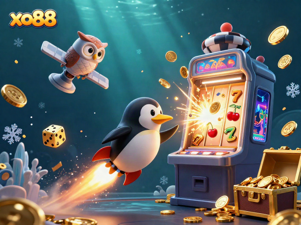 Experience thrilling jackpots at xo88 with a whimsical penguin and casino-themed scene.