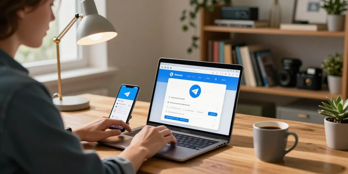 Experience the Telegram Web Version from a cozy home office workspace with a laptop, coffee, and tech books.