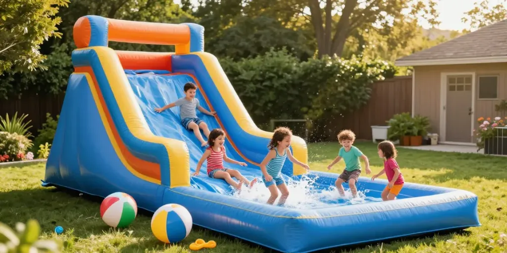Children enjoying a water slide inflatable at a sunny backyard pool party.