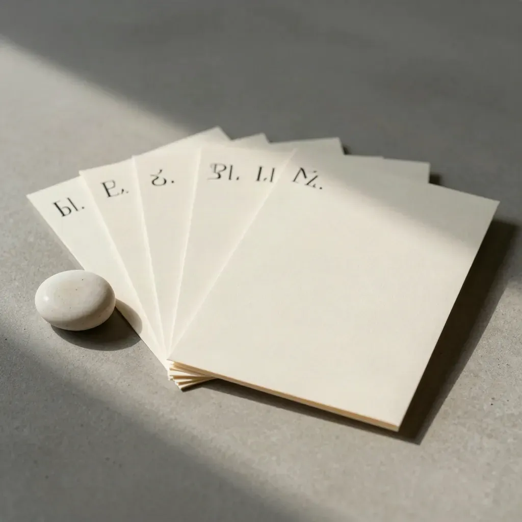 Cream blog-pack cards, index slips and a ceramic pebble on pale concrete, shot from above