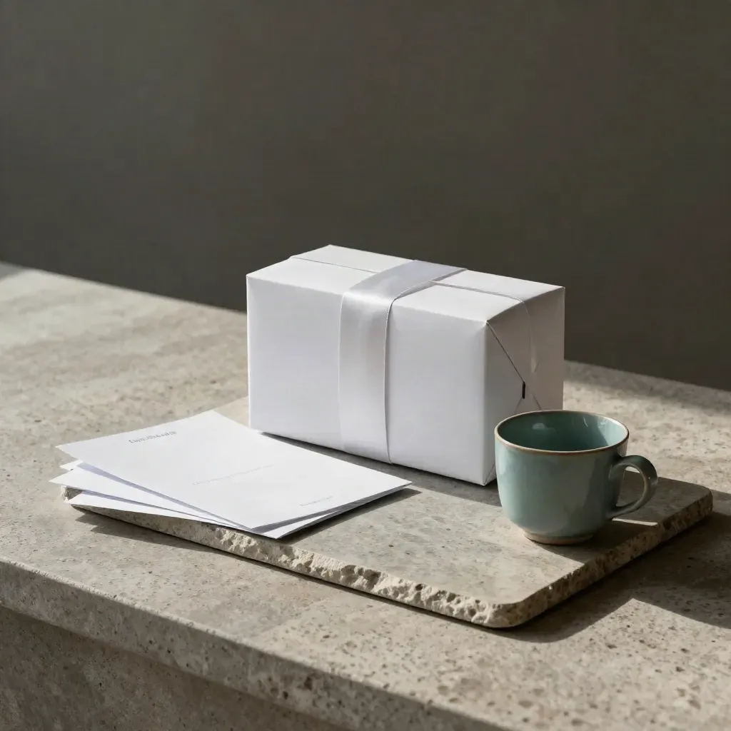 Matte white brand sprint box, folded sheets, teal cup and stone tray on a hazy strategy surface.