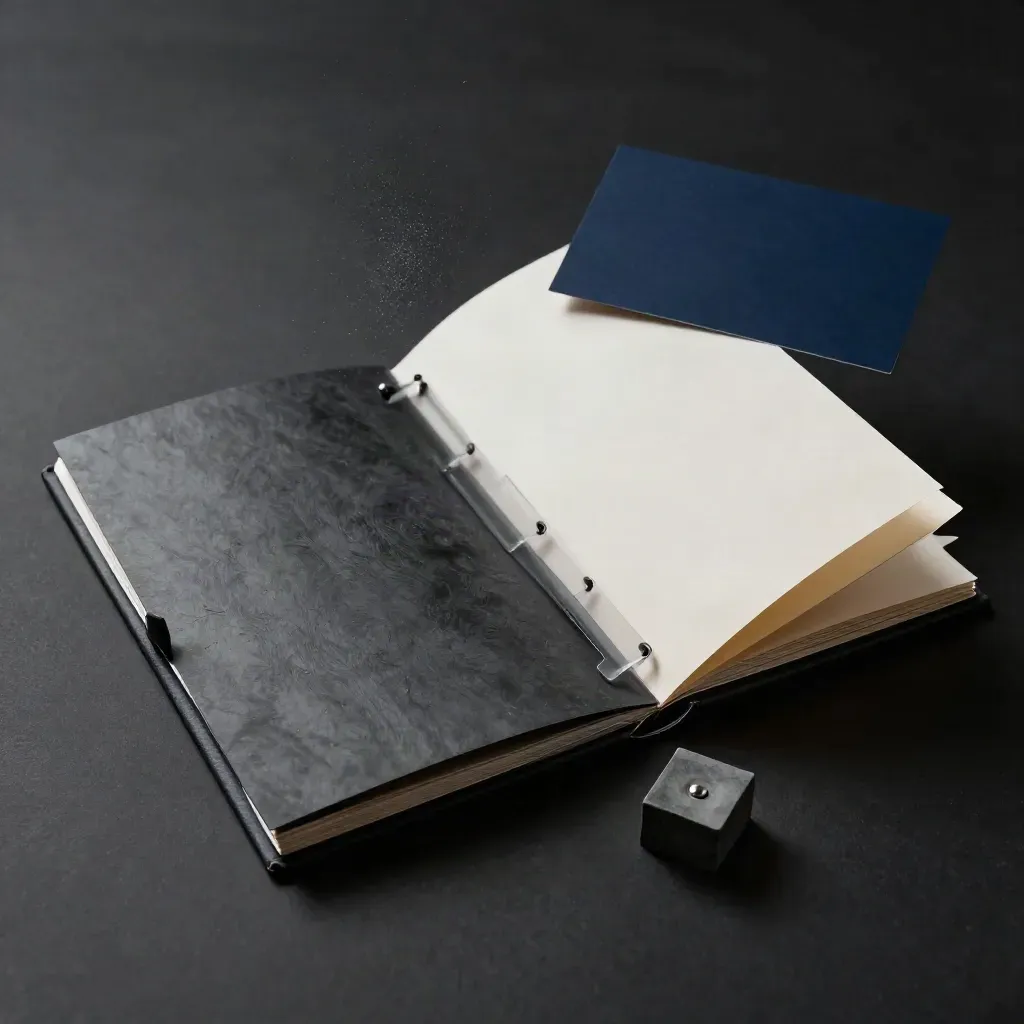 Top-down charcoal content-audit folder splitting open with tabs and graphite paperweight in dramatic light.