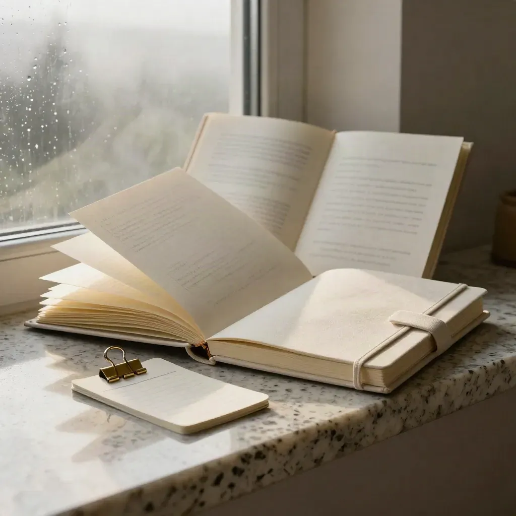 Cream SEO starter pack with briefs, notebook, topic cards and brass ring on travertine.