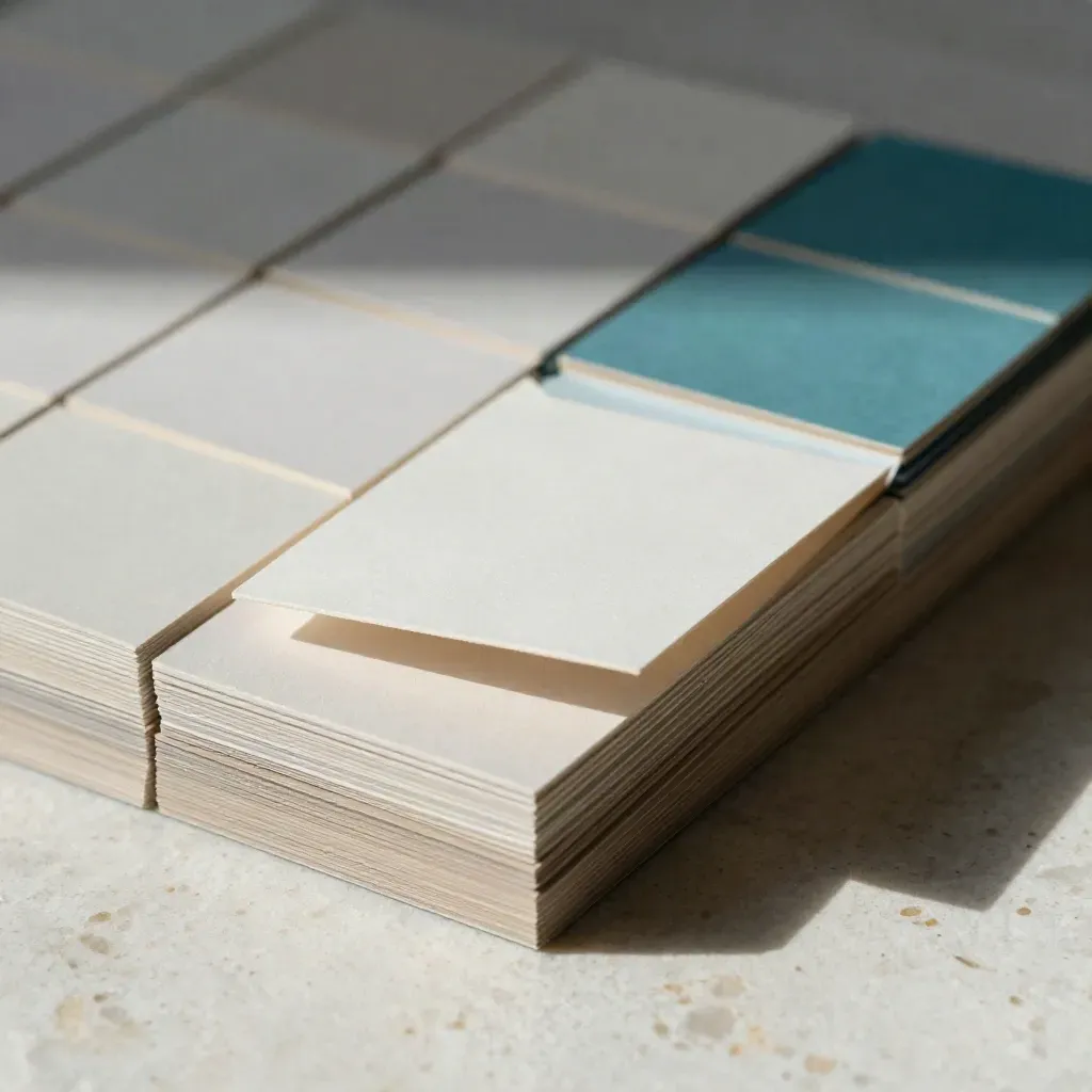 Macro flatlay of paper tiles and muted swatches on travertine