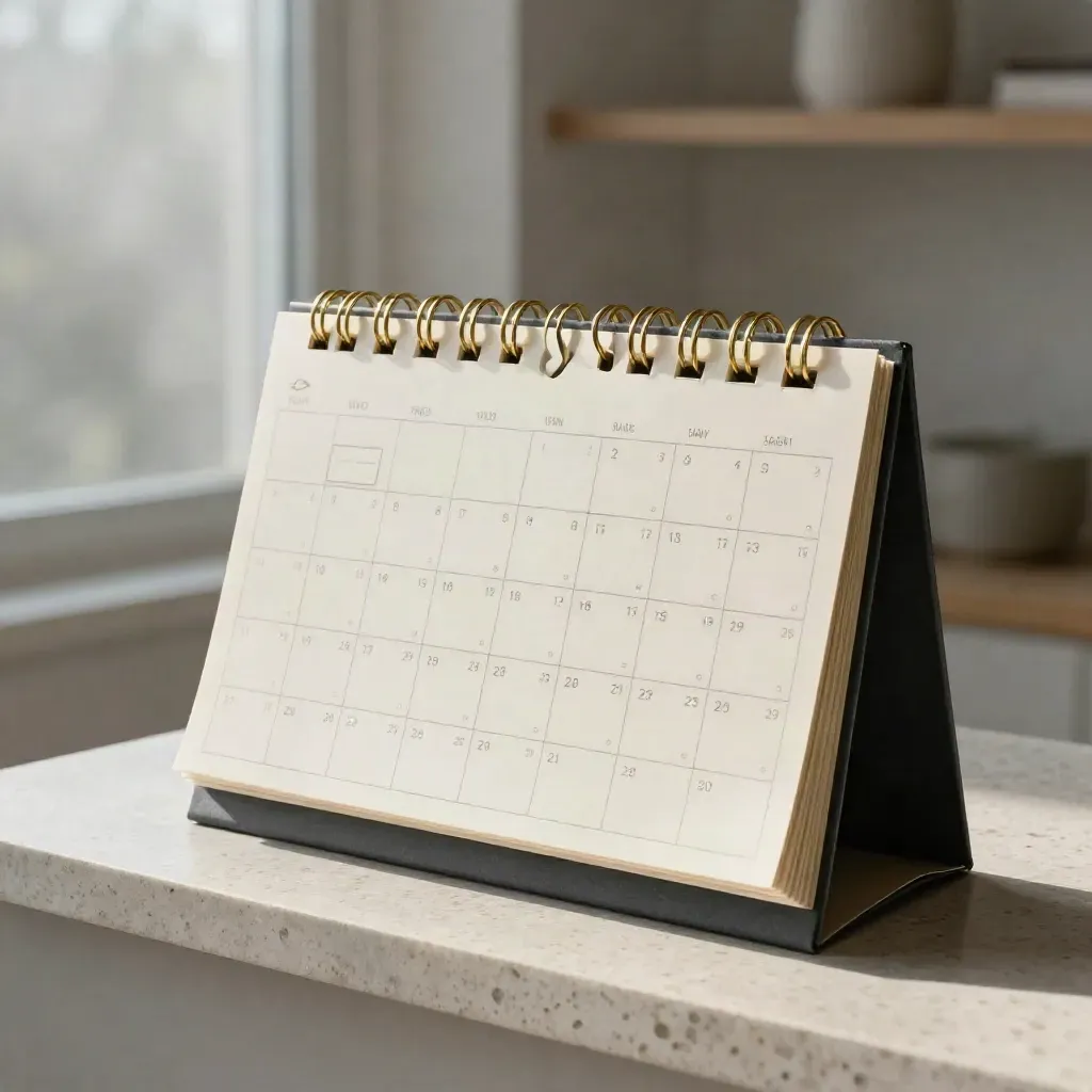 Modular editorial calendar with brass clips and blank tabs on travertine in soft morning light.