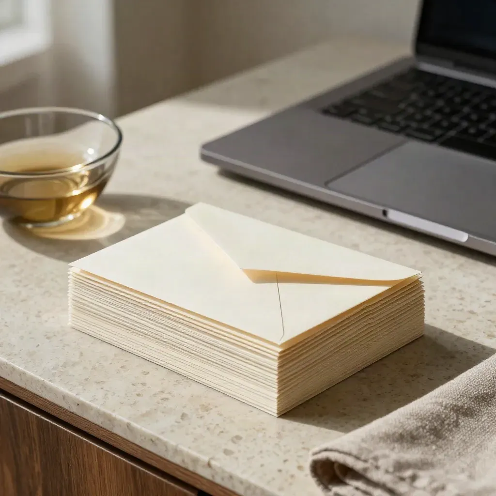 Slim email-newsletter cards beside a closed laptop and glass bowl on a warm travertine surface.