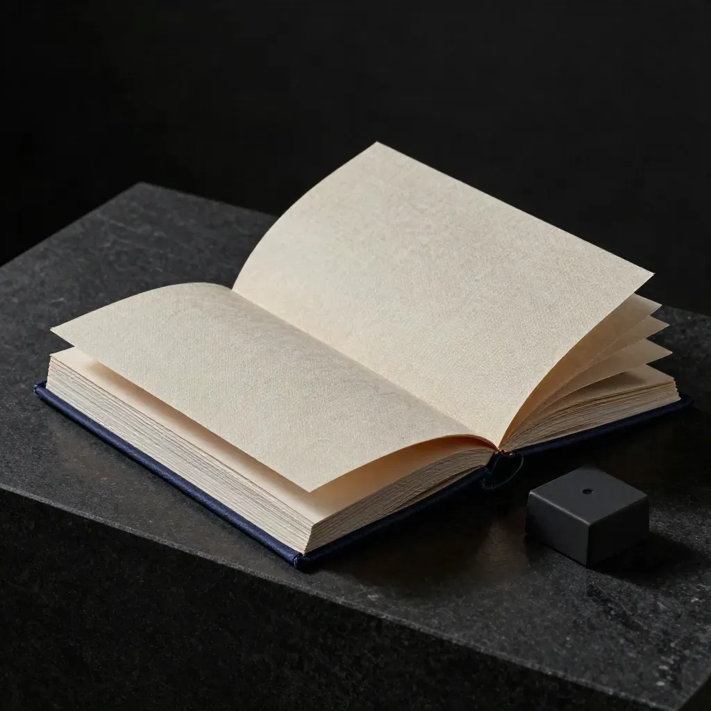 Linen brand voice guide with swatch ribbon, reference cards, and paperweight on a dark studio plinth.