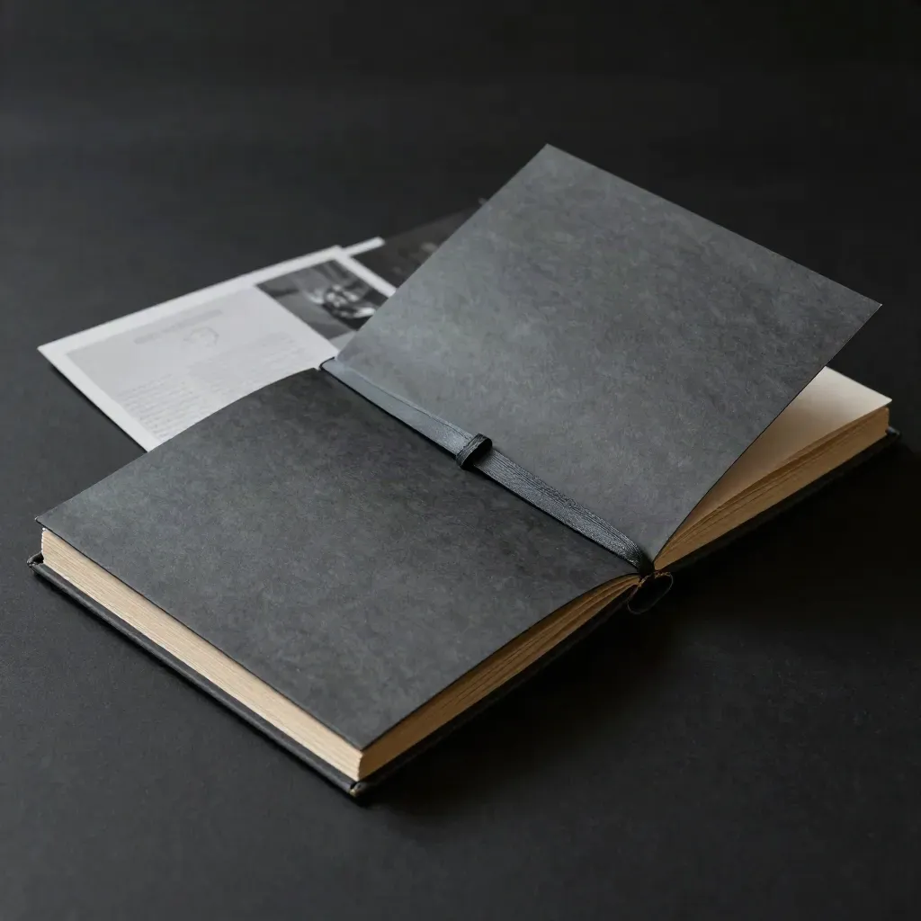 Two case-study folios with ribbon tie and image packet on a dark studio surface.