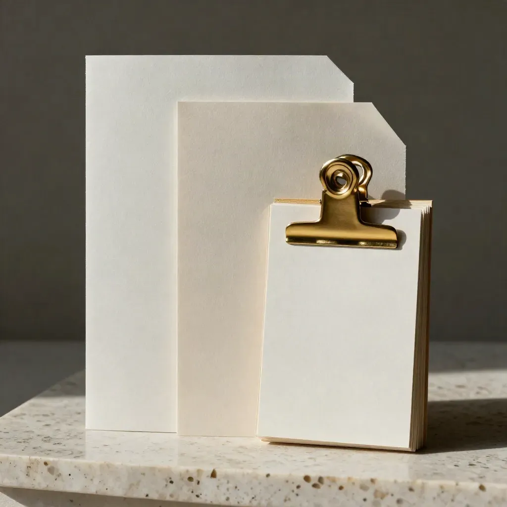 Extreme macro of paper panels, mockup board and brass clip on travertine.
