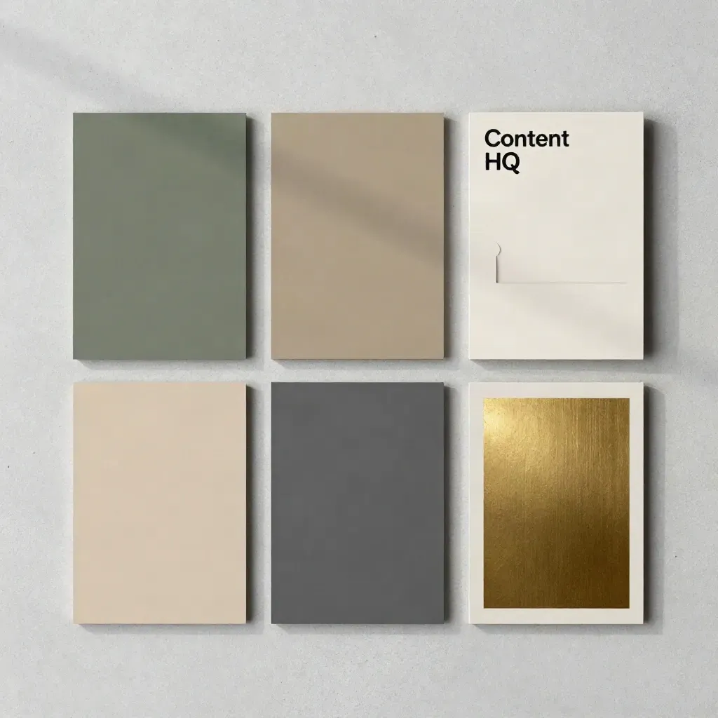 Overhead flatlay of module cards, swatches and a silhouette prop on concrete with gold accents.