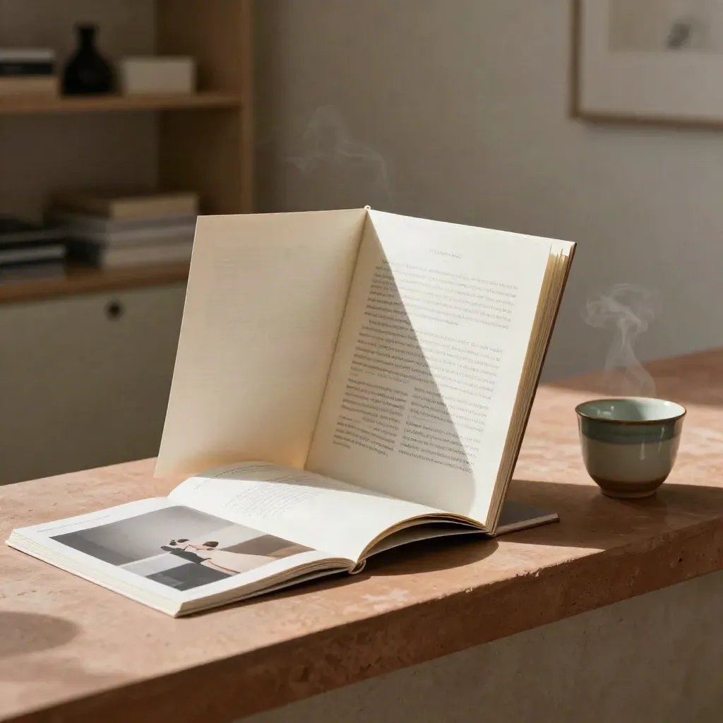 About-page rewrite folio, brand-story card, photo prints and ceramic cup on a terracotta ledge.
