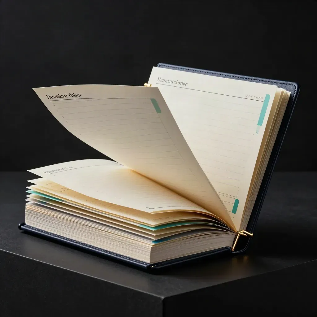 Oversized binder and tabbed content-planning sheets bursting in dramatic dark studio light.