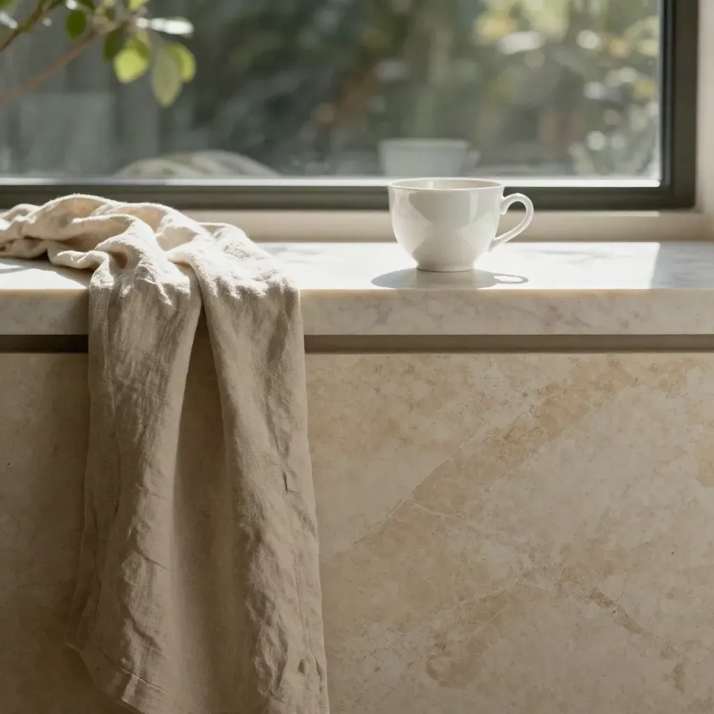 Sunlit limestone ledge with marble sill, linen drape, white cup, and garden bokeh.