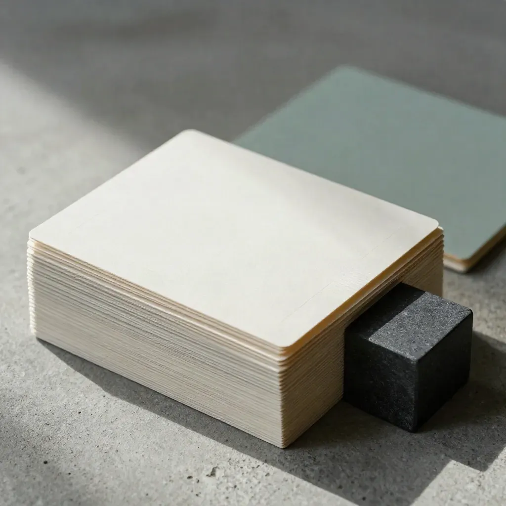 Macro stack of blank site-map cards, folded boards and a slate paperweight on concrete, lit with raking light.