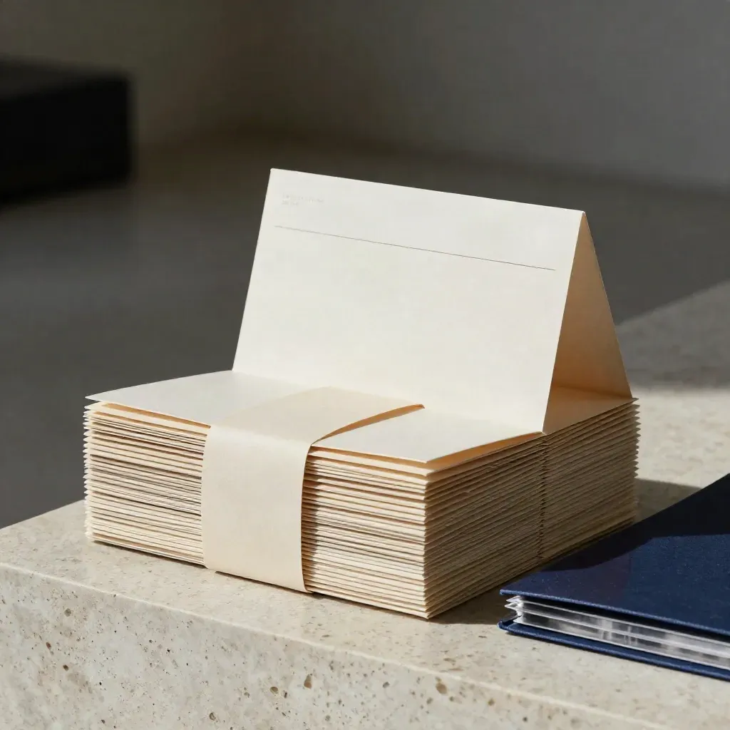 Sales email pack cards with envelope stack and paperweight on travertine.
