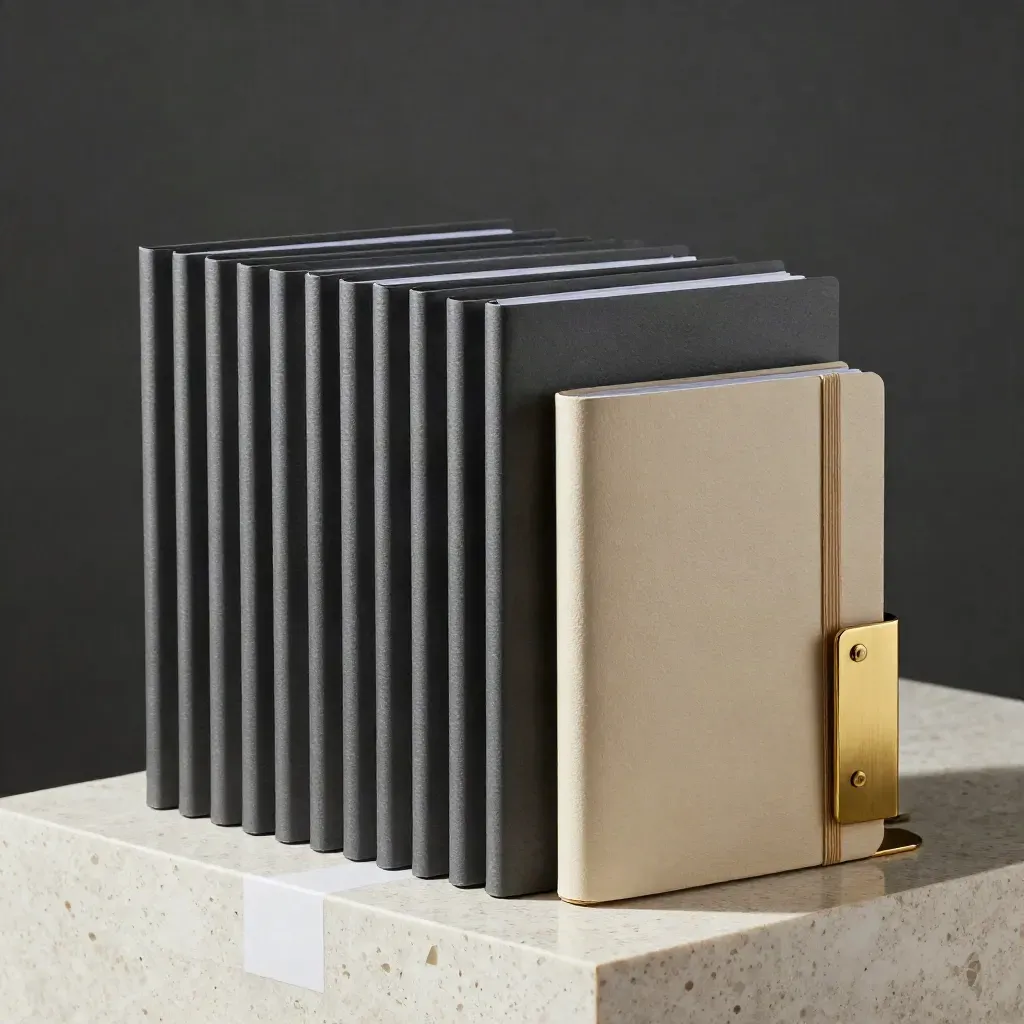 Monthly content retainer bundle with folders, notebook and brass rail on travertine.