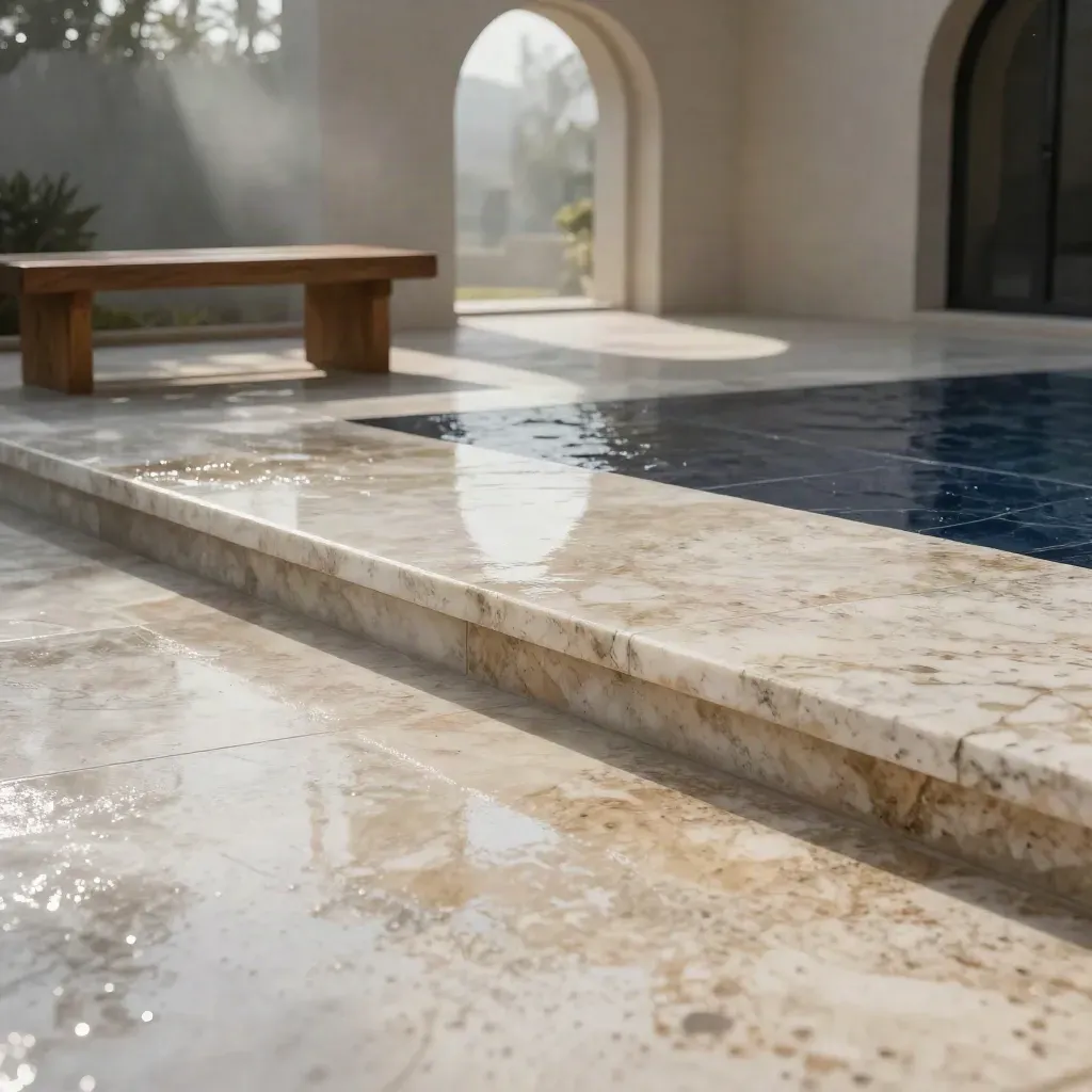 Rain-glossed travertine courtyard with oak bench, tall arch, misty light, and calm copy space