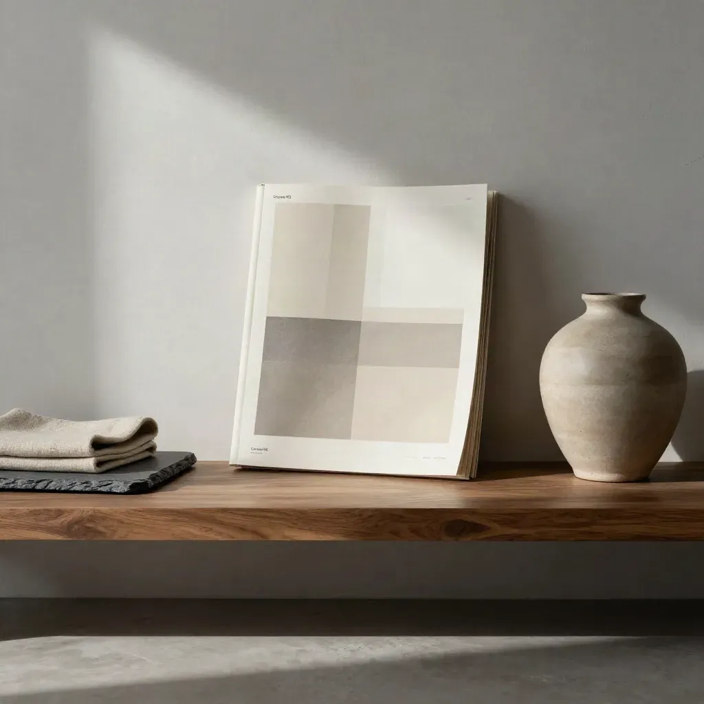 Warm studio shelf with layered paper proofs, walnut, ceramic vase, wool throw, and calm copy space below