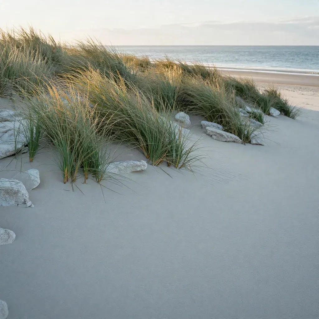 Dune grass and pale stones glow at golden hour beside a blurred strip of water.
