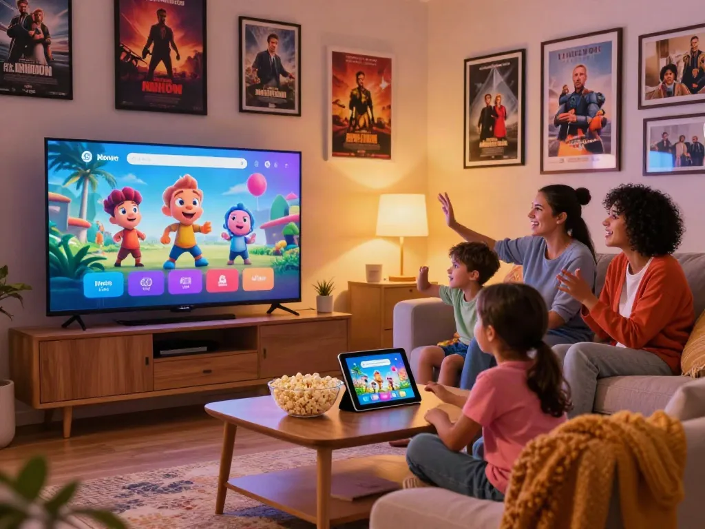 Family joyfully streaming movies on the Movie Box app in a cozy living room.