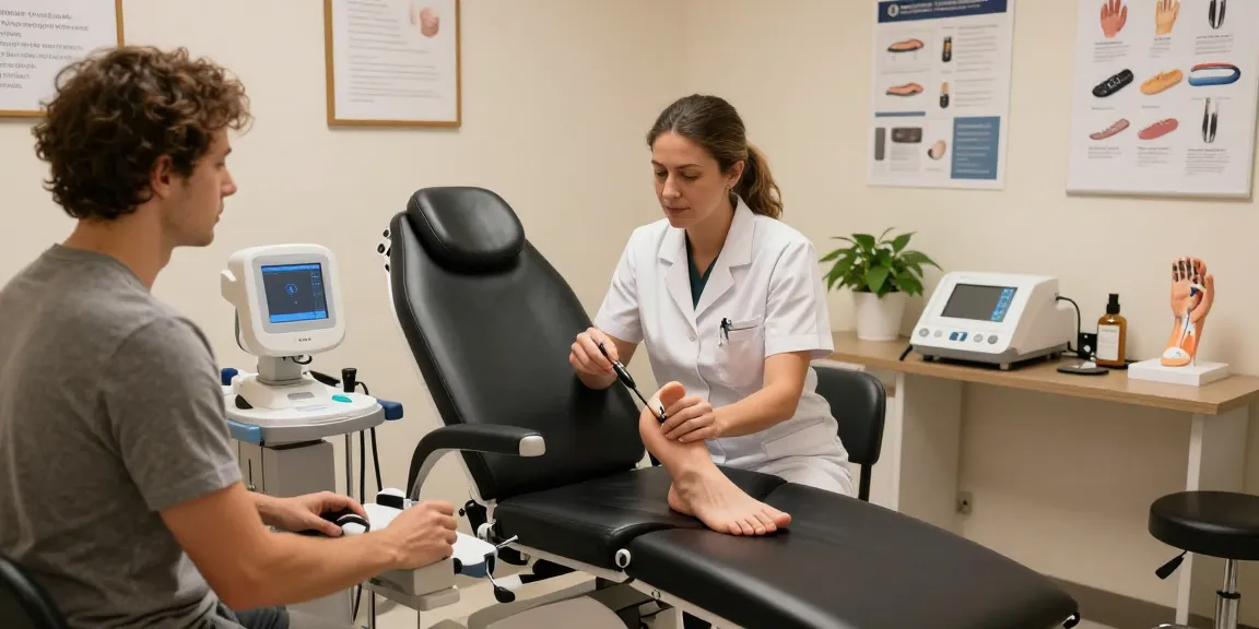 Patient receiving consultation with advanced podiatry equipment in a welcoming clinic environment.