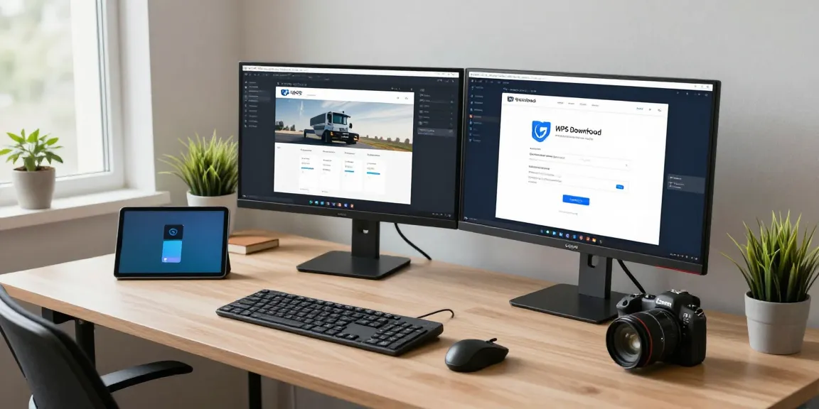 WPS Download page displayed on a modern desktop setup in a professional workspace.