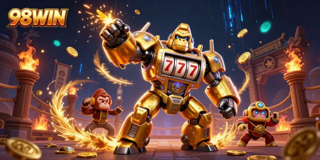 Engage in thrilling slots action with 98WIN's golden gorilla mech and dynamic casino elements.