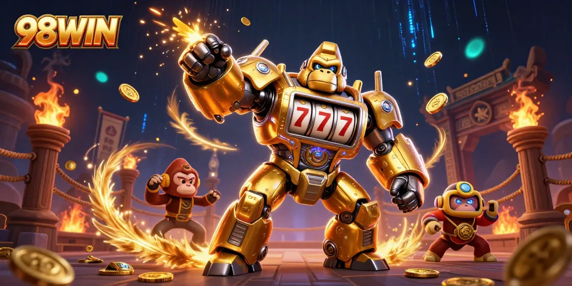 Engage in thrilling slots action with 98WIN's golden gorilla mech and dynamic casino elements.