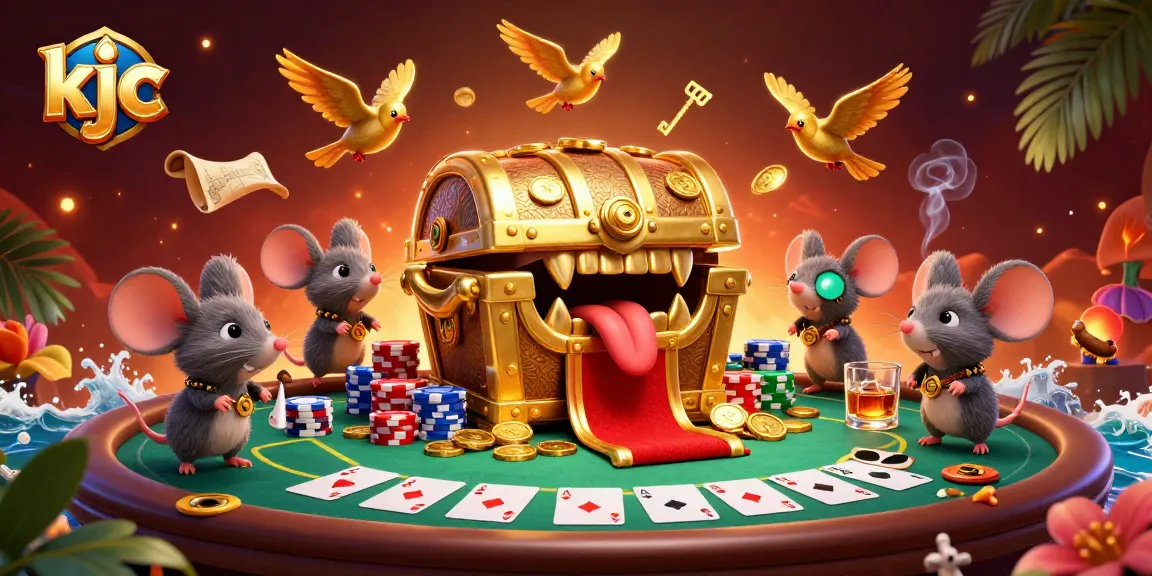 Engage with KJC's vibrant casino world, featuring a treasure chest and poker elements in a rich atmosphere.