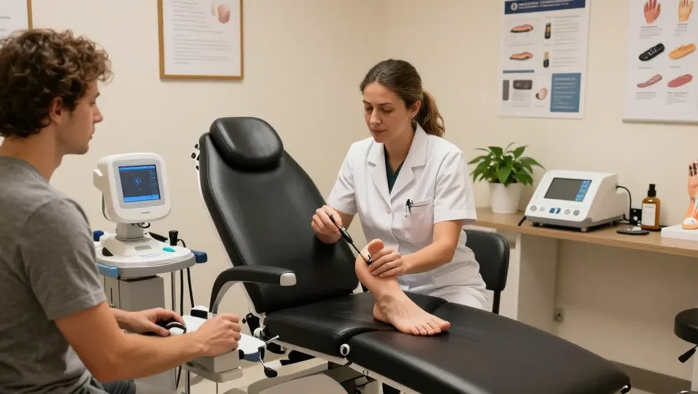 Patient receiving consultation with advanced podiatry equipment in a welcoming clinic environment.