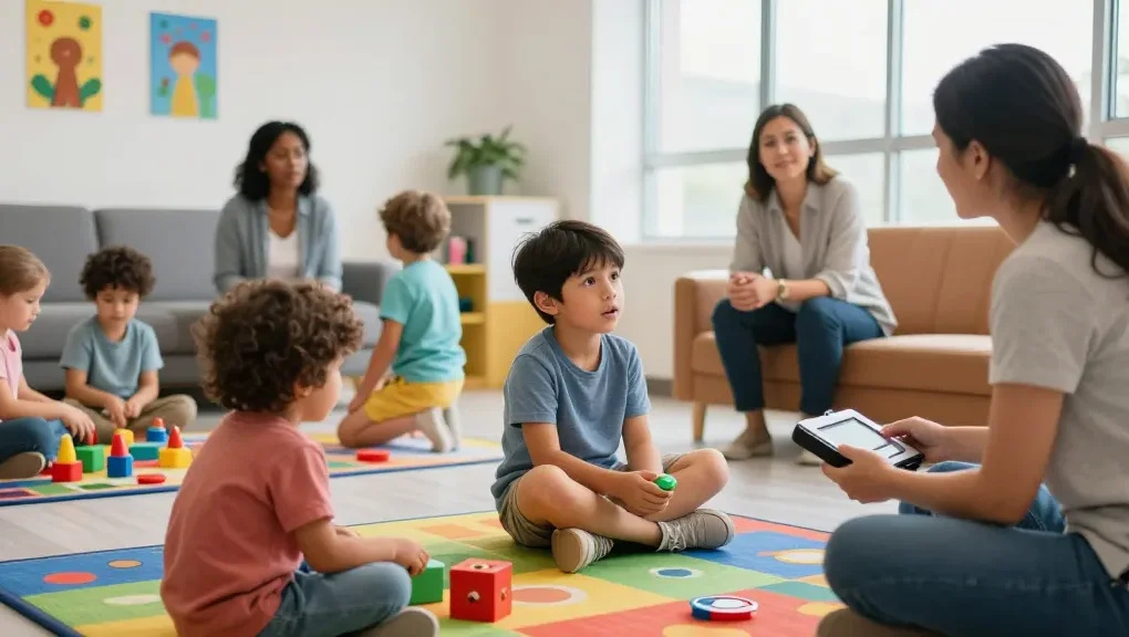 Engaging activity at an ABA center Burlington with children and therapists fostering communication and learning.
