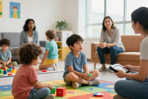 Engaging activity at an ABA center Burlington with children and therapists fostering communication and learning.